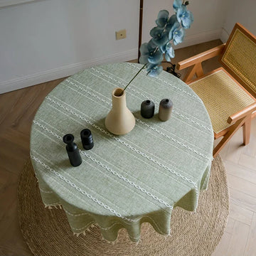 Qfdian Green Round Tablecloth Striped Embroidered Table Cover Farmhouse Tassel Table Cloth for Table Kitchen Dining Room Tabletop Decor